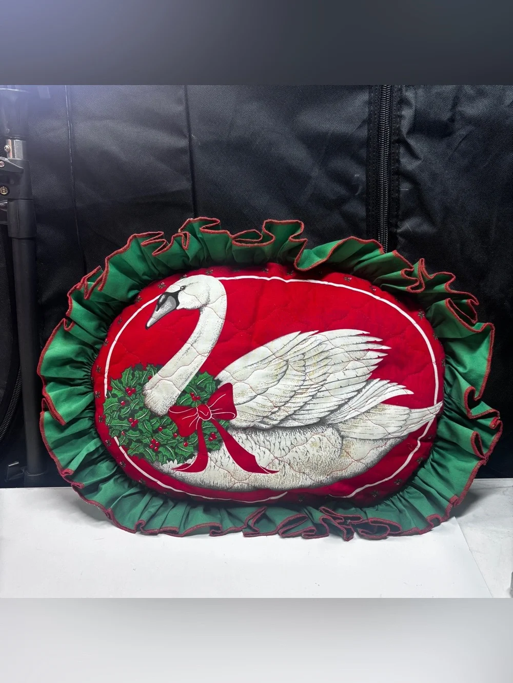 Vintage Christmas Swan Holly Wreath Toss Pillow Seasonal Grandma core Country